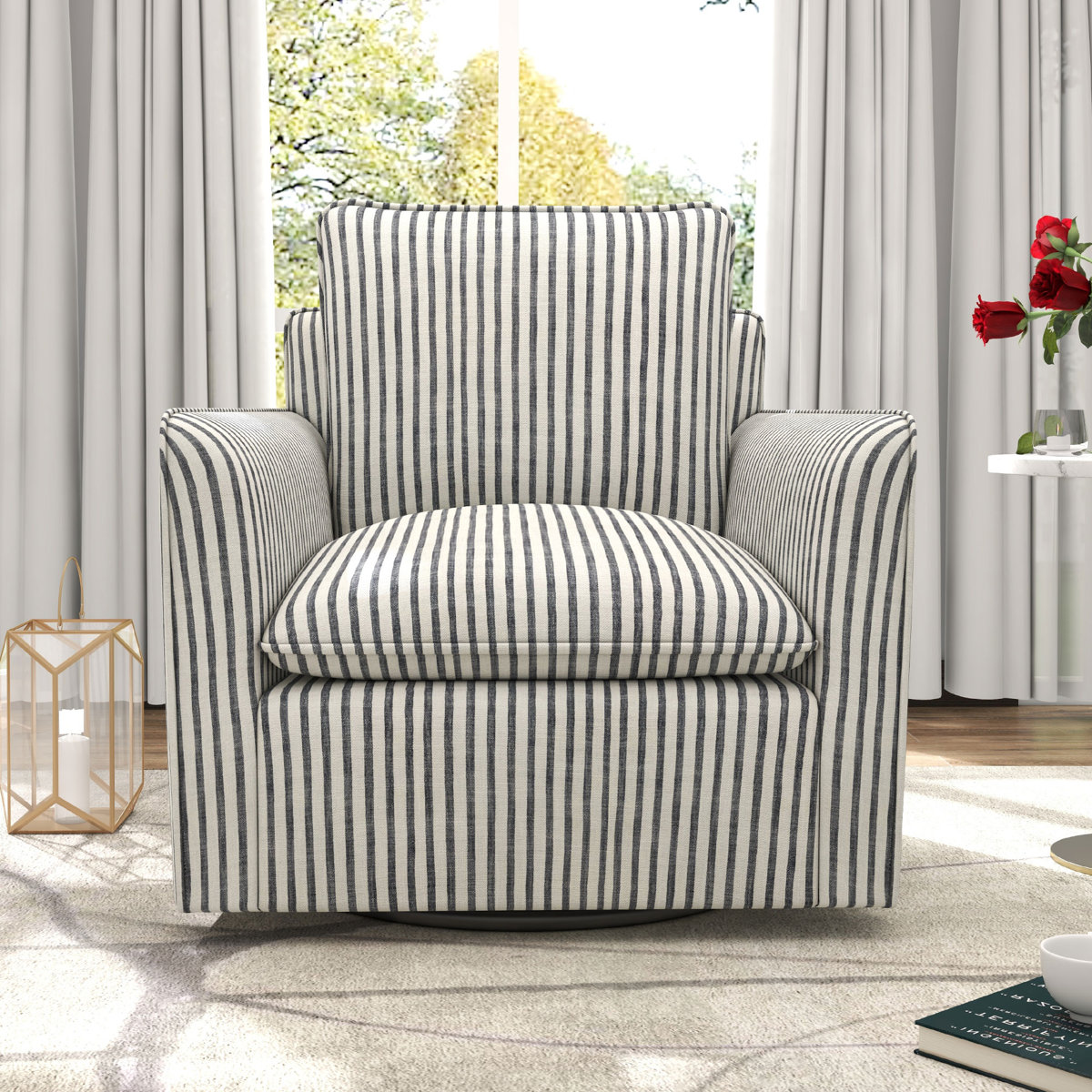 Romines 29.7" W Modern Soft Stripe Upholstered Swivel Barrel Chair with Removable Cushion (Set of 2)